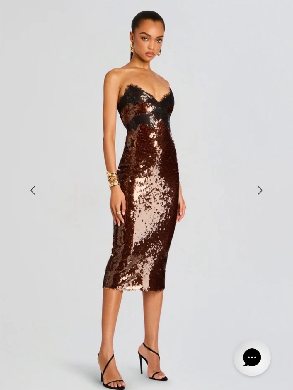 Retrofête Brown Sequin Midi Dress with Black Lace Trim XS